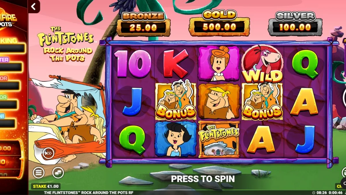 Tampilan visual slot The Flintstones: Rock Around The Pots dengan latar belakang Bedrock yang ikonik.