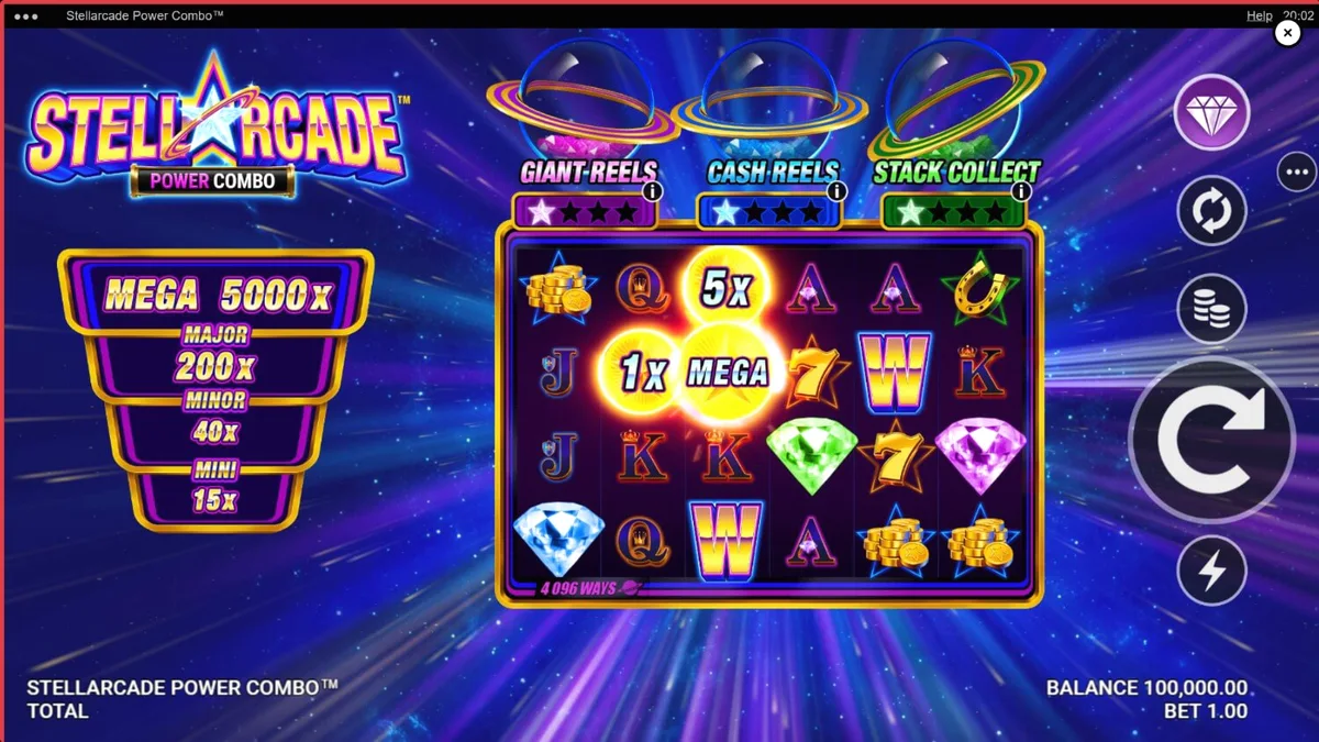 Tampilan visual futuristik dari slot Stellarcade Power Combo dengan elemen neon dan ruang angkasa